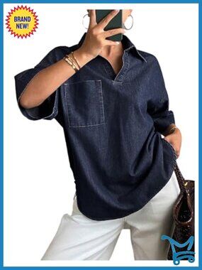 Denim Blouse Collared V Neck Short Sleeve Jean Shirt Oversized